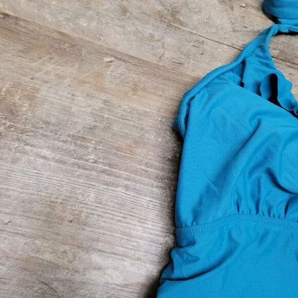 Birdsong Size 34G Teal Blue Ruffle Halter Underwire Tankini Swim Top Ruched - Picture 7 of 11